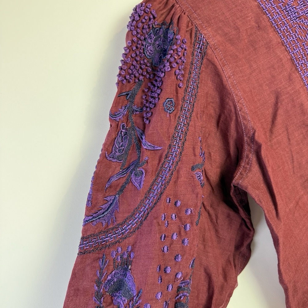 Sundance Christiane Embroidered Blouse PM Burgundy Purple Boho Ramie Top $138 - Picture 4 of 14